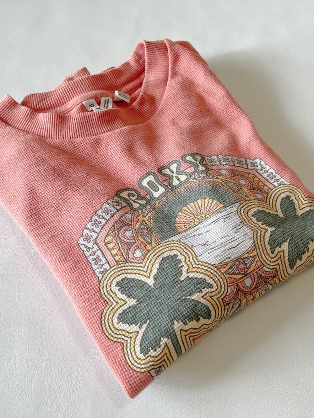 Roxy Coral Pink Waffle Knit Sweatshirt Lightweight Soft Summer